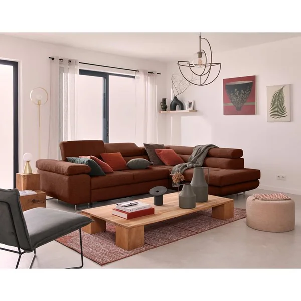 BEST MOBILIER Canapé Angle Droit Convertible 5 Places Zaria En Velours Côtelé Terracotta