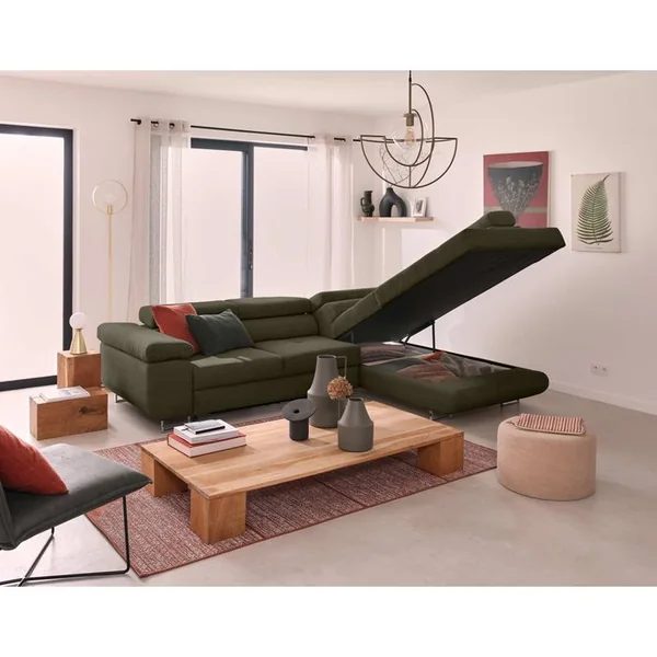 BEST MOBILIER Canapé Angle Droit Convertible 5 Places Zaria En Velours Côtelé Vert
