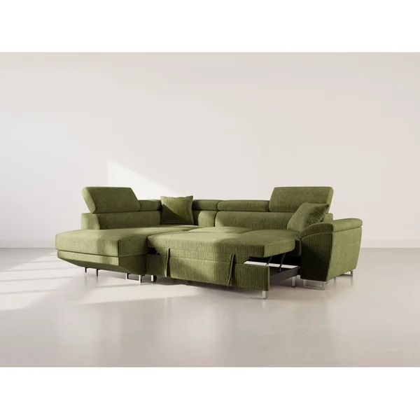 BEST MOBILIER Canapé Angle Gauche Convertible 5 Places Baoji En Velours Côtelé Vert