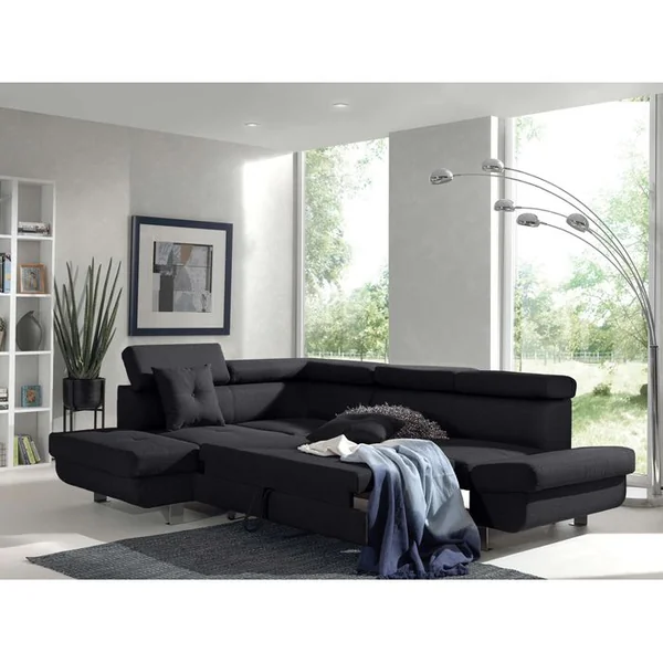 BEST MOBILIER Canapé Angle Gauche Convertible 5 Places Lisbona En Tissu Noir
