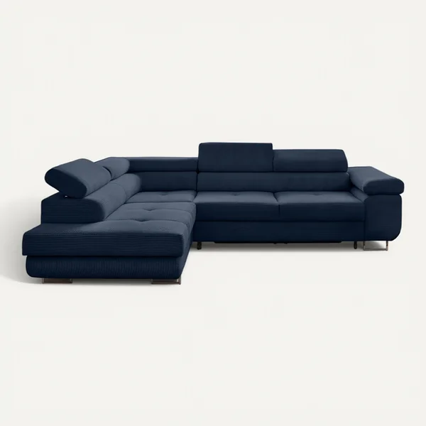 BEST MOBILIER Canapé Angle Gauche Convertible 5 Places Zaria En Velours Côtelé Bleu