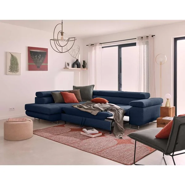 BEST MOBILIER Canapé Angle Gauche Convertible 5 Places Zaria En Velours Côtelé Bleu