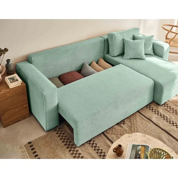 BEST MOBILIER Canapé Angle Réversible Convertible 4 Places Topaze En Velours Texturé Bleu