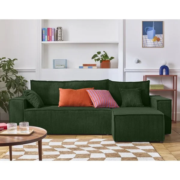 BEST MOBILIER Cezanne - Canapé D'angle - 4 Places - Convertible Avec Coffre - En Velours Côtelé Vert