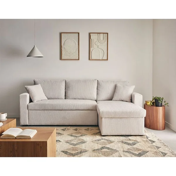 BEST MOBILIER Cyrus - Canapé D'angle Réversible 4 Places - Convertible Avec Coffre - En Velours Côtelé Beige