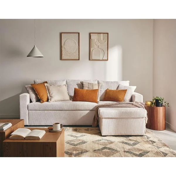 BEST MOBILIER Cyrus - Canapé D'angle Réversible 4 Places - Convertible Avec Coffre - En Velours Côtelé Beige