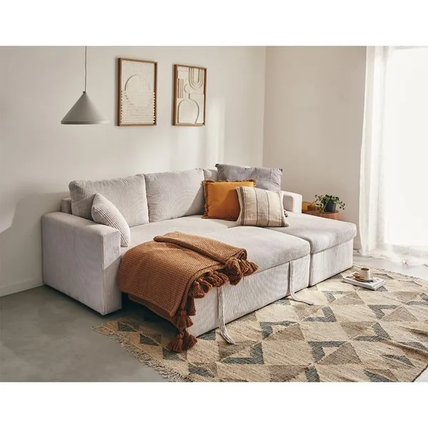 BEST MOBILIER Cyrus - Canapé D'angle Réversible 4 Places - Convertible Avec Coffre - En Velours Côtelé Beige