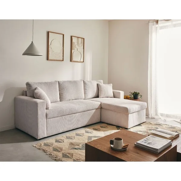 BEST MOBILIER Cyrus - Canapé D'angle Réversible 4 Places - Convertible Avec Coffre - En Velours Côtelé Beige