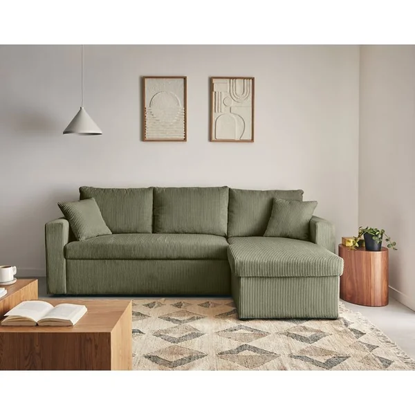 BEST MOBILIER Cyrus - Canapé D'angle Réversible 4 Places - Convertible Avec Coffre - En Velours Côtelé Vert