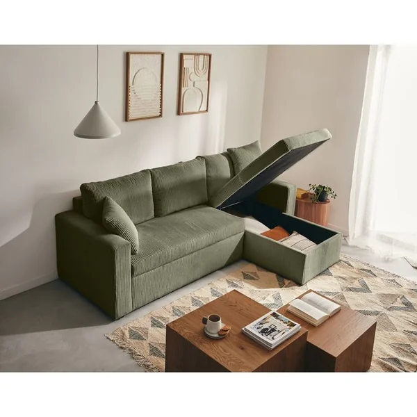 BEST MOBILIER Cyrus - Canapé D'angle Réversible 4 Places - Convertible Avec Coffre - En Velours Côtelé Vert