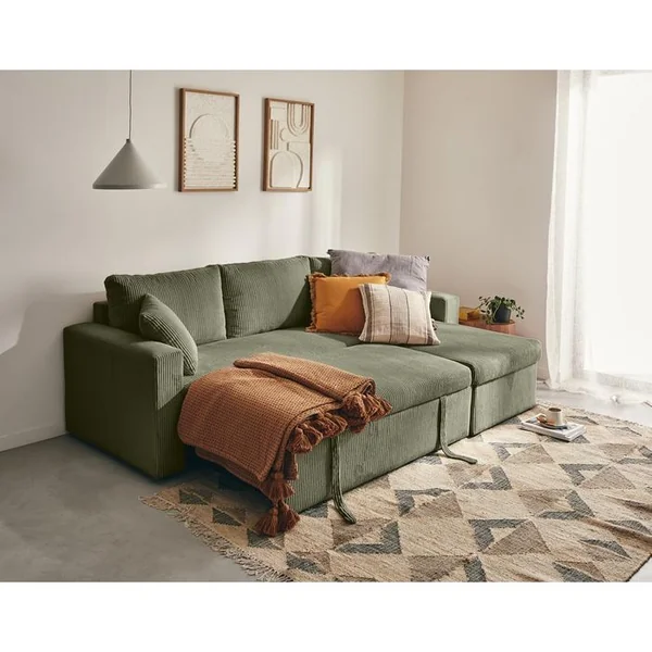 BEST MOBILIER Cyrus - Canapé D'angle Réversible 4 Places - Convertible Avec Coffre - En Velours Côtelé Vert