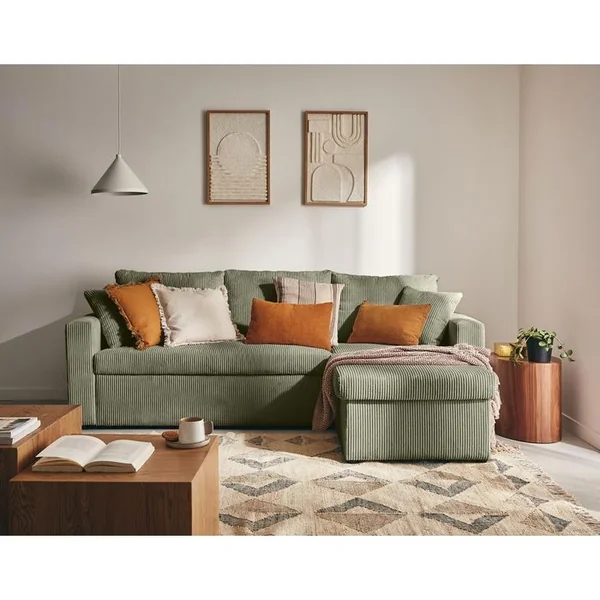 BEST MOBILIER Cyrus - Canapé D'angle Réversible 4 Places - Convertible Avec Coffre - En Velours Côtelé Vert
