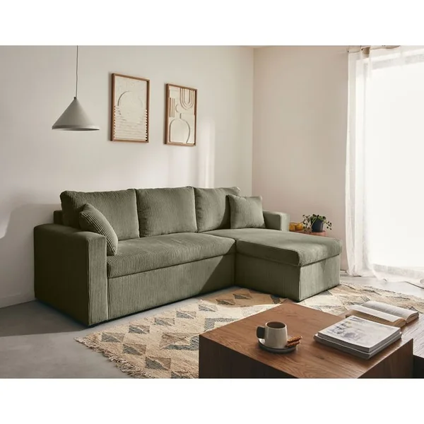 BEST MOBILIER Cyrus - Canapé D'angle Réversible 4 Places - Convertible Avec Coffre - En Velours Côtelé Vert