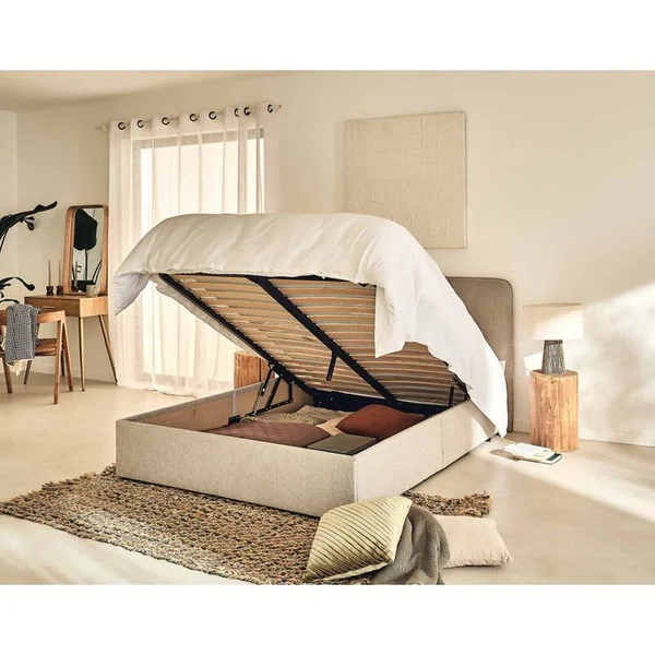 BEST MOBILIER Goyave - Lit Coffre - 160x200 - En Tissu - Sommier Inclus Beige