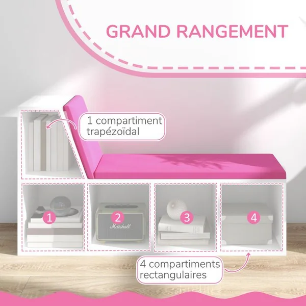 Bibliothèque Enfant Avec Coin Lecture 5 Casiers Beija Rose Et Blanc