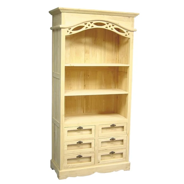 Bibliothèque ouverte Hévéa 6 tiroirs, 3 niches étagères 100x45x196cm MAORI