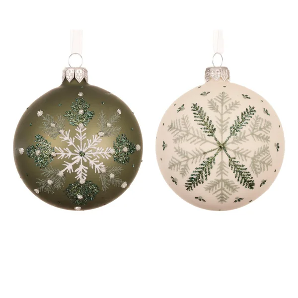 Boule en verre finition mate wool white et rosemary green avec flocon de neige - Ø 8 cm