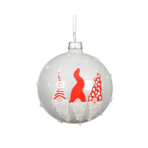 Boule en verre émaillée blanc d’hiver avec décor gnome rouge - Ø 8 cm