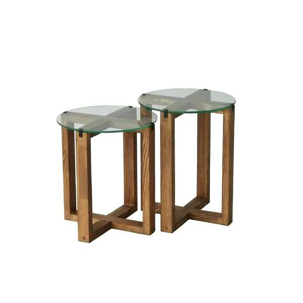 Bout de canapé bois brun avec plateau verre (lot de 2) ANZIO