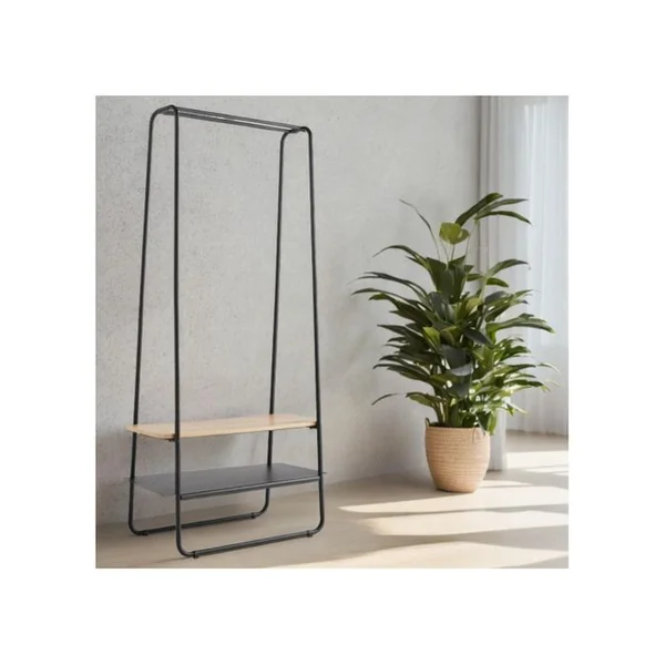 BOX & BEYOND Portant à Vêtements 2 étagères Métal Noir Et Bois 80 X 40 X 170 Cm