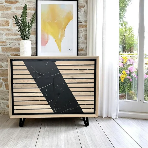 Buffet 2 portes chêne blanc décor graphique ESSEN