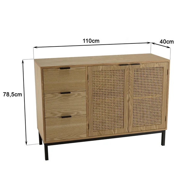 Buffet bois clair 2 portes rotin 3 tiroirs pieds métal PALMA
