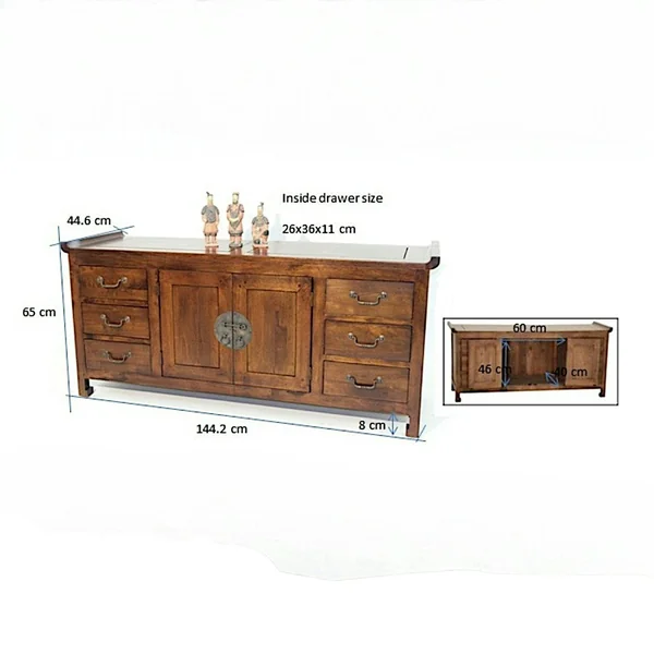 Buffet / Enfilade Chinois Hévéa 2 portes, 6 tiroirs 145x45x65cm MAORI