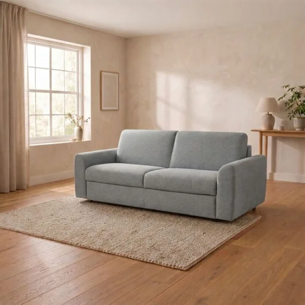 Canapé convertible express 3 places CLAYVE tissu gris clair matelas 13 cm