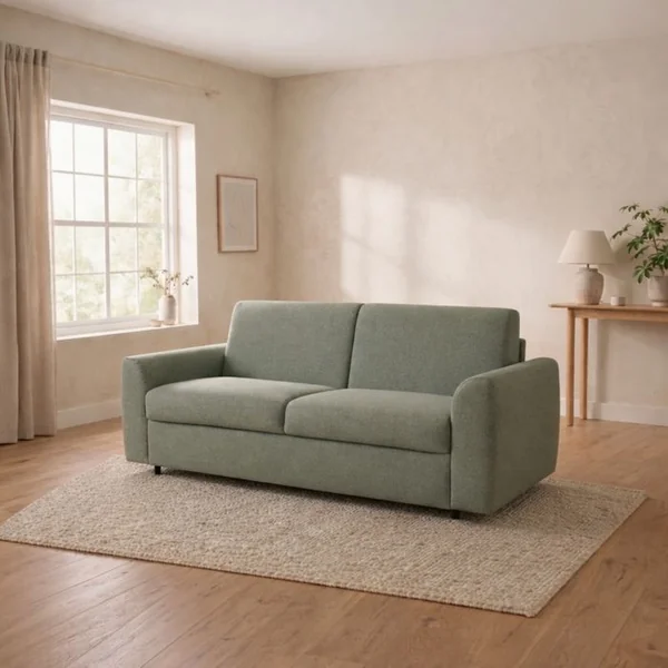 Canapé convertible express 3 places CLAYVE tissu vert matelas 13 cm