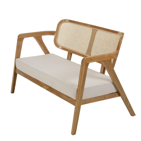 Canapé exotique 2 places dossier cannage teck et coussin gris MANAK