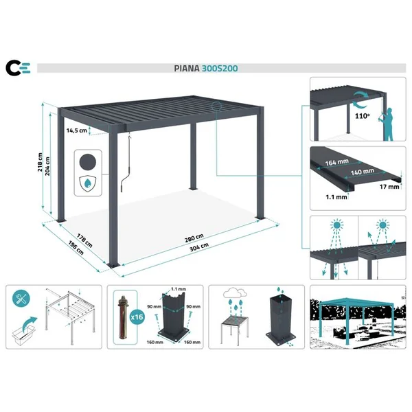CAZEBOO Pergola Bioclimatique Autoportée Piana 3x2m Aluminium Gris - Lames Orientables