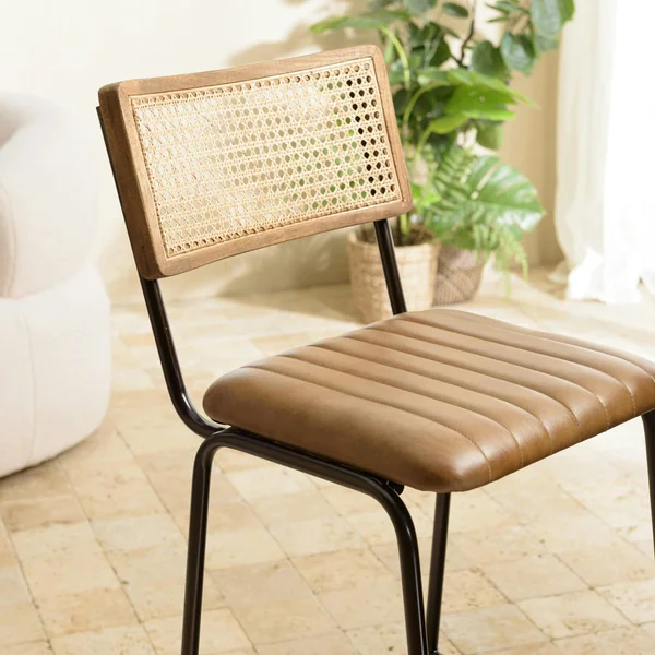 Chaise de bar cuir havane et cannage (lot de 2) TIM