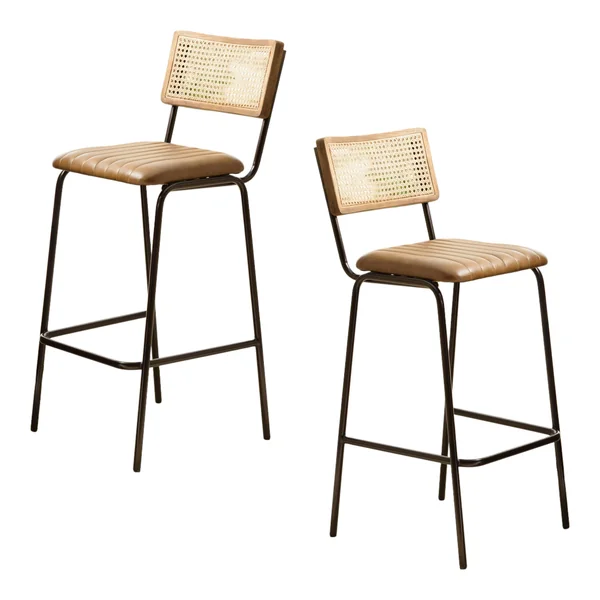 Chaise de bar cuir havane et cannage (lot de 2) TIM