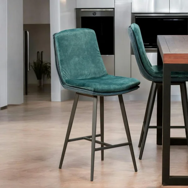Chaise de bar en velours bleu à double coussinage (lot de 2) OKA