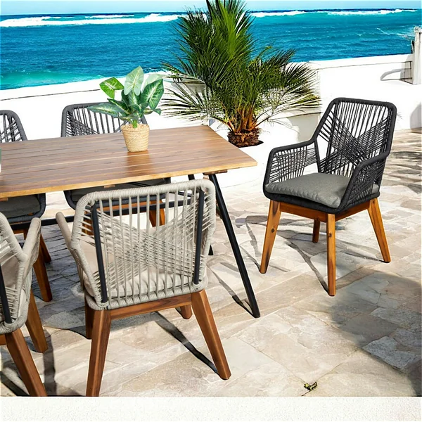 Chaise de jardin noire en corde tressée et pieds bois FSC® (lot de 2) GRENADE