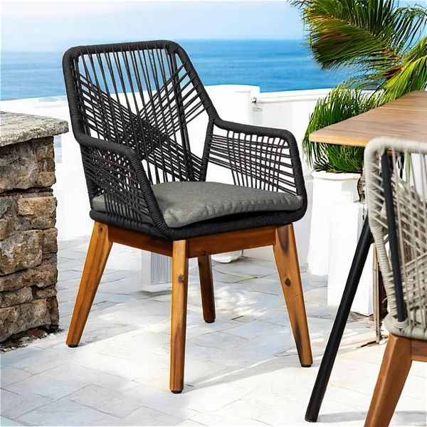 Chaise de jardin noire en corde tressée et pieds bois FSC® (lot de 2) GRENADE