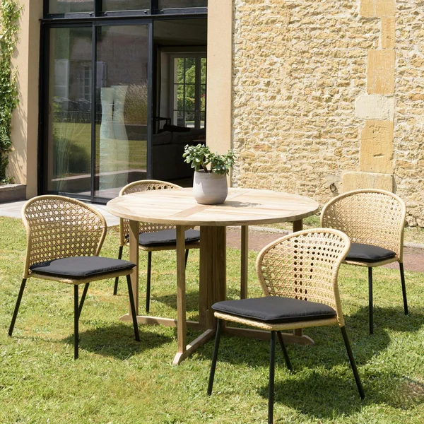Chaise de jardin rotin synthétique couleur naturelle avec coussin noir (lot de 2) GIJON
