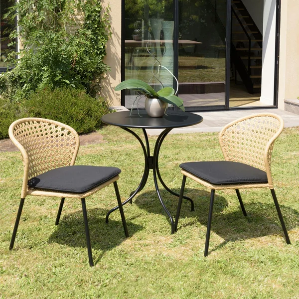 Chaise de jardin rotin synthétique couleur naturelle avec coussin noir (lot de 2) GIJON