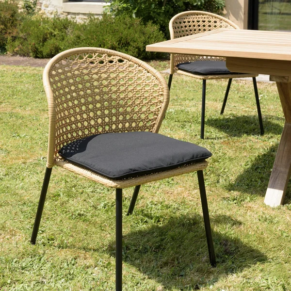 Chaise de jardin rotin synthétique couleur naturelle avec coussin noir (lot de 2) GIJON