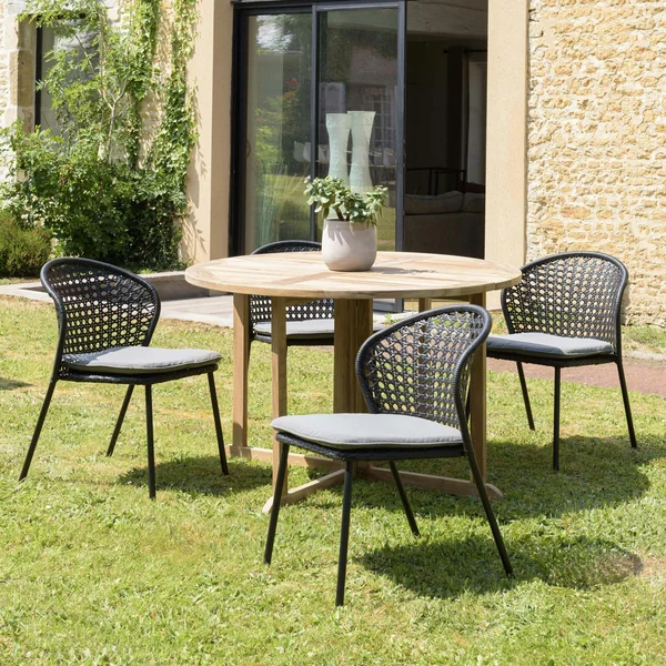 Chaise de jardin rotin synthétique noir avec coussin gris (lot de 2) GIJON