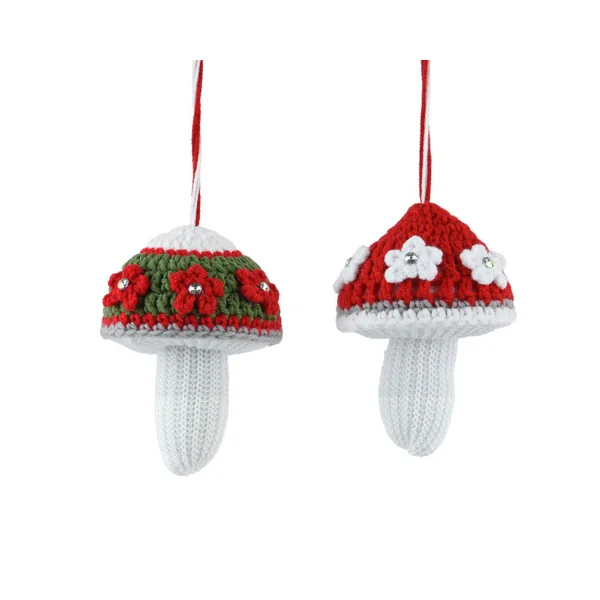 Champignon tricoté blanc et rouge à suspendre - 8 x 8 x 12 cm
