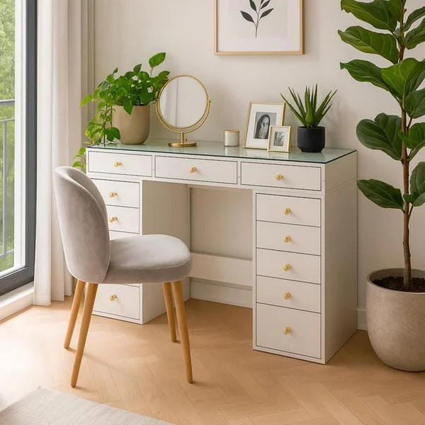Coiffeuse Moderne Avec 13 Tiroirs Et Plateau En Verre Transparent L120cm - Blanc