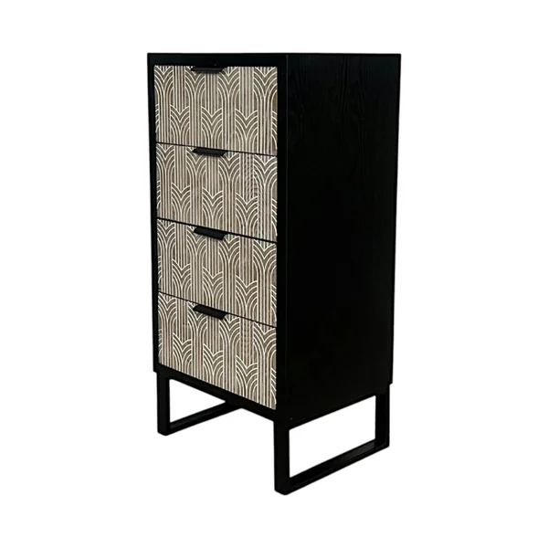 Commode 4 tiroirs bois et métal décor oriental