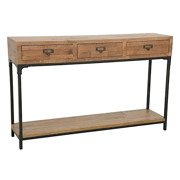 Console 3 tiroirs, 1 plateau bas en Hévéa recyclé naturel et métal 120x30x75 LOFT