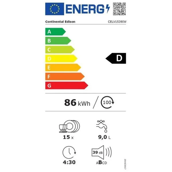 CONTINENTAL EDISON Lave-vaisselle Pose Libre - 15 Couverts - Largeur 59,8 Cm - Classe D - Moteur Induction - 39 dB - B