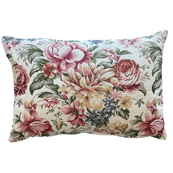 Coussin en coton fond blanc décor fleurs roses Alais - 35 x 50 cm