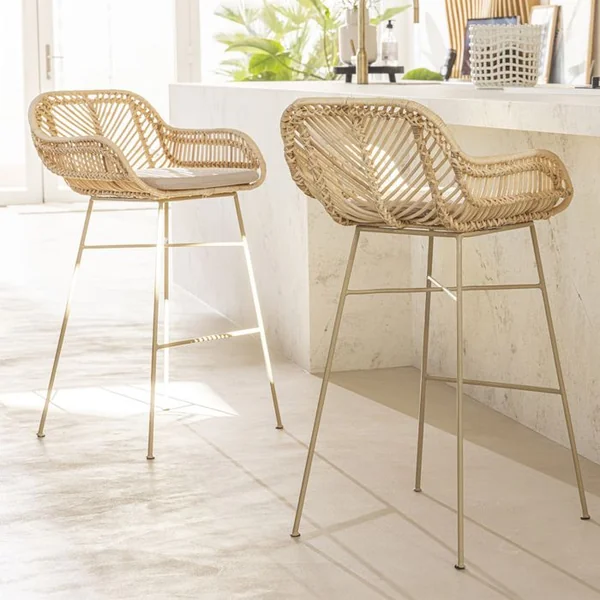 DRAWER Lot De 2 Tabourets De Bar En Rotin Pieds Beiges H68cm
