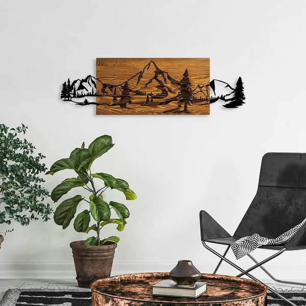 Décoration murale en métal et bois – paysage de montagne