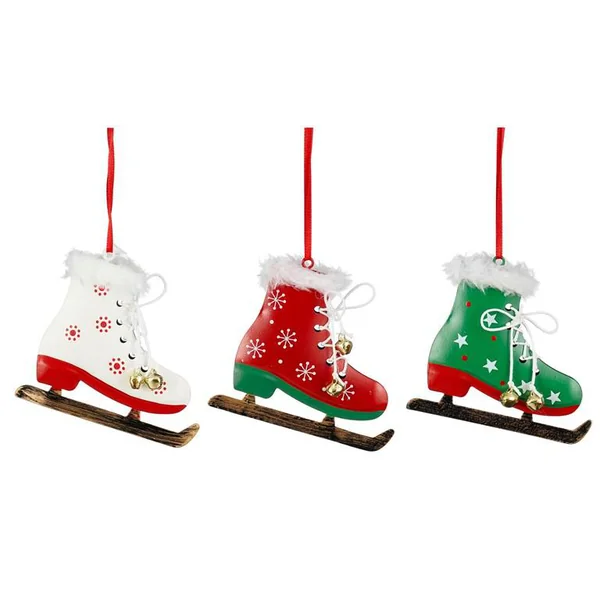 Décoration à suspendre patin à glace en métal couleur de Noël - 10 x 8,5 cm