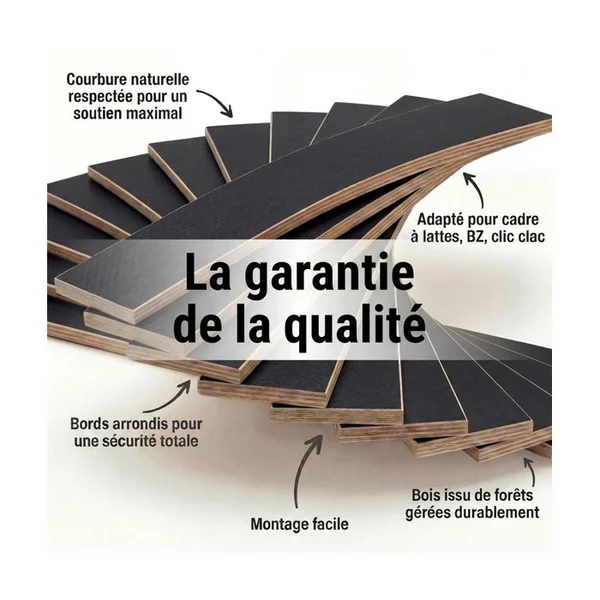 EBAC Lot De 5 Lattes Grises + Embouts Pour Sommier Et Lit - 680x48x8 Mm - Bois Hêtre Durable - 7 Plis